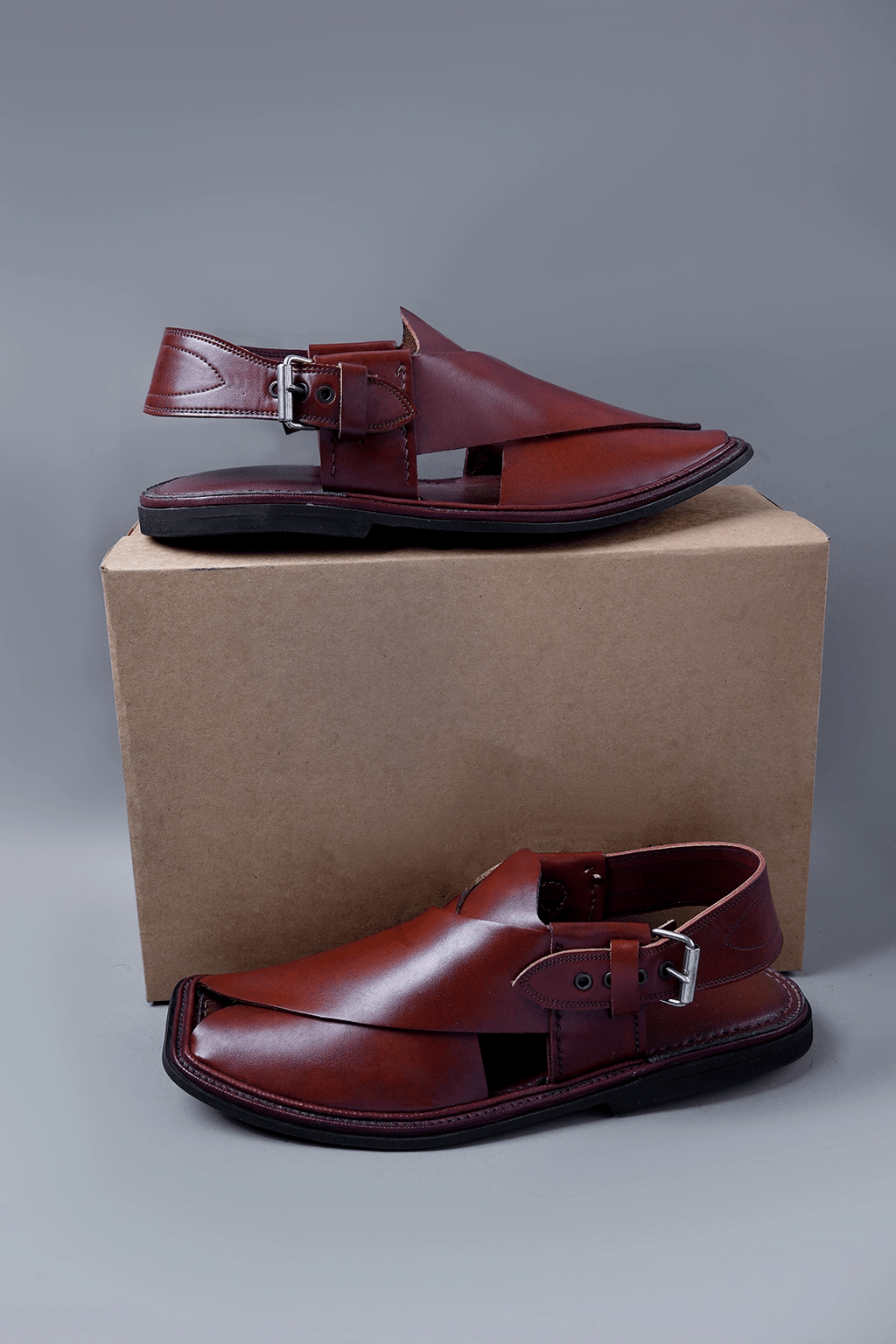Deep Maroon Charsadda Chappal with Double Side Strap and Fine Stitch Detailing