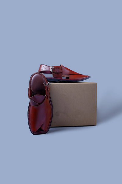 Deep Maroon Charsadda Chappal with Double Side Strap and Fine Stitch Detailing