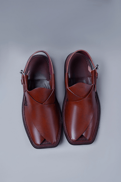Deep Maroon Charsadda Chappal with Double Side Strap and Fine Stitch Detailing