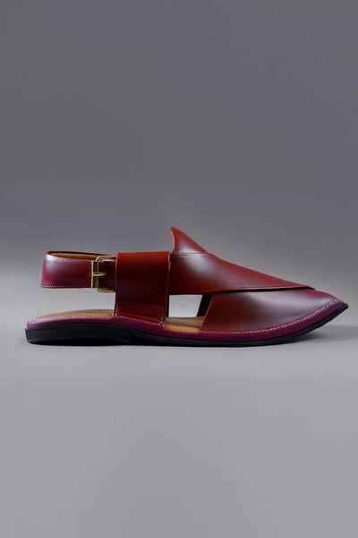Deep Maroon Charsadda Chappal with Double Side Strap and Fine Stitch Detailing