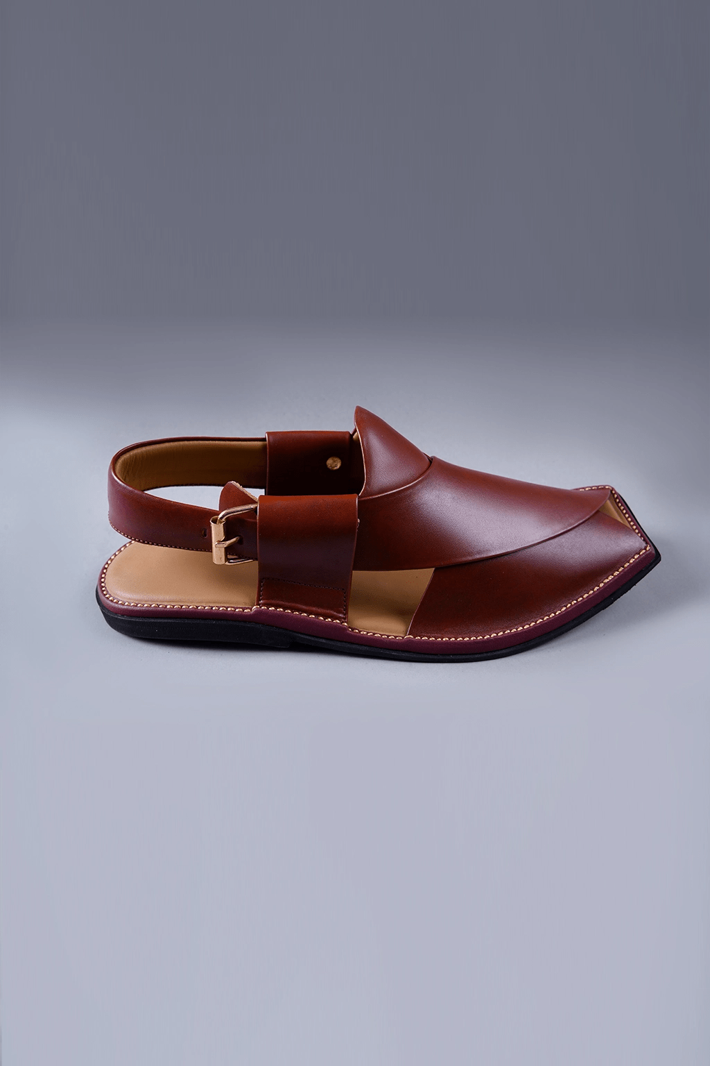 Deep Maroon Charsadda Chappal with Double Side Strap and Fine Stitch Detailing