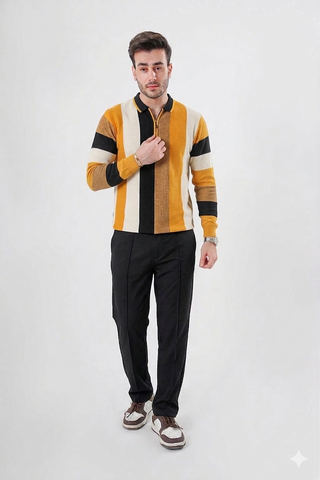 Retro Stripe Knit Polo – Mustard & Brown