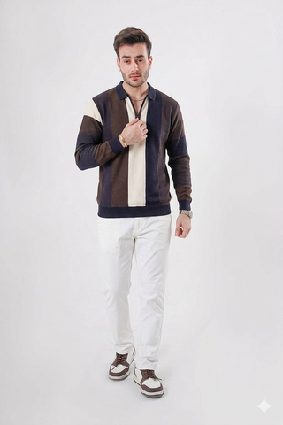 Classic Contrast Knit Polo – Brown & Navy