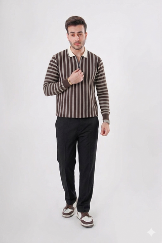 Slim Stripe Knit Polo – Chocolate Brown