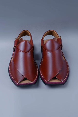 Glossy Cherry Brown Kaptaan Chappal with Signature Overlap Design and Square Toe - Ecowears.pk