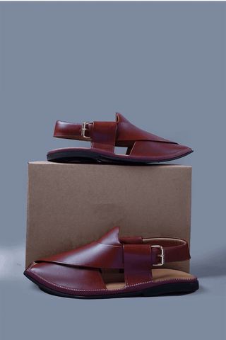 Glossy Cherry Brown Kaptaan Chappal with Signature Overlap Design and Square Toe - Ecowears.pk