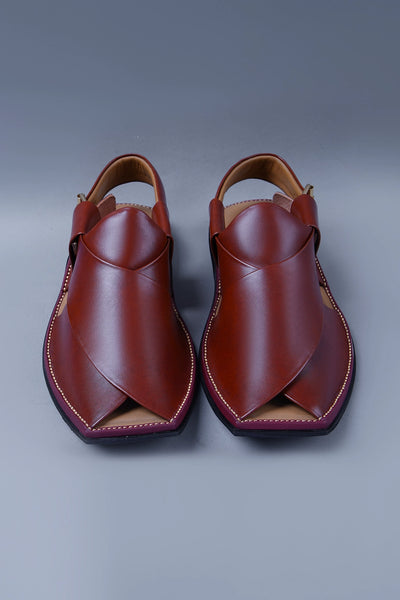 Glossy Cherry Brown Kaptaan Chappal with Signature Overlap Design and Square Toe