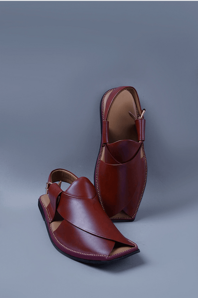 Glossy Cherry Brown Kaptaan Chappal with Signature Overlap Design and Square Toe