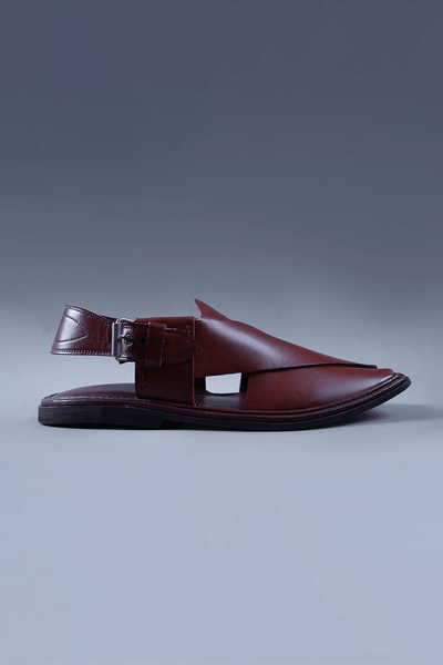 Glossy Cherry Brown Kaptaan Chappal with Signature Overlap Design and Square Toe