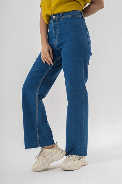 High Waist Flared Blue Denim Pants with Clean Hem Finish