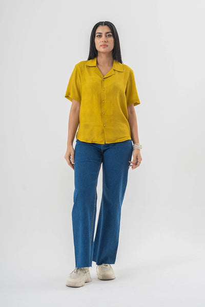 High Waist Flared Blue Denim Pants with Clean Hem Finish