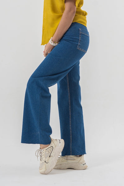 High Waist Flared Blue Denim Pants with Clean Hem Finish