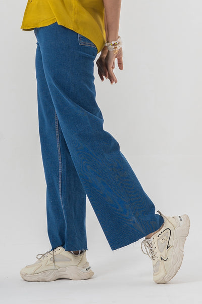 High Waist Flared Blue Denim Pants with Clean Hem Finish