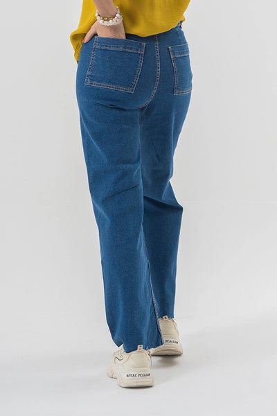 High Waist Flared Blue Denim Pants with Clean Hem Finish
