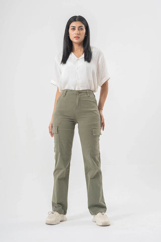 High Waist Cargo Pants in Olive Green with Side Flap Pockets - Straight Fit Style - Ecowears.pk