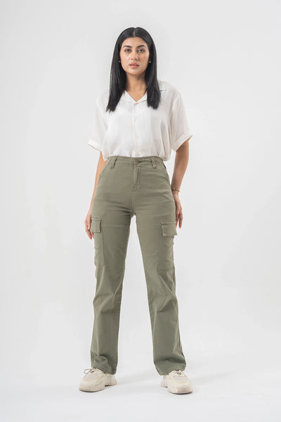 High Waist Olive Green Straight Fit Cargo Pants with Side Flap Pockets