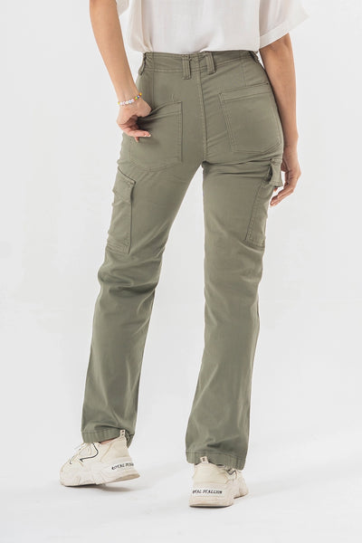 High Waist Olive Green Straight Fit Cargo Pants with Side Flap Pockets