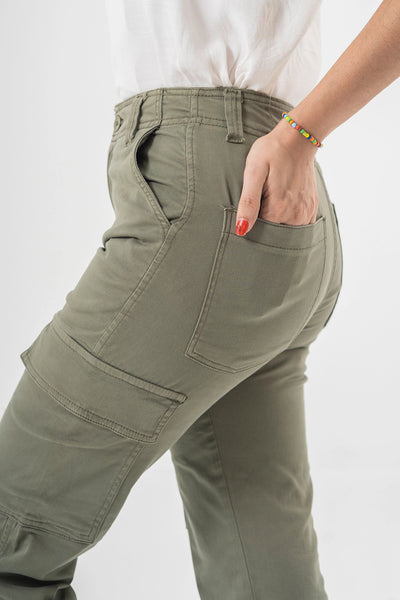 High Waist Olive Green Straight Fit Cargo Pants with Side Flap Pockets