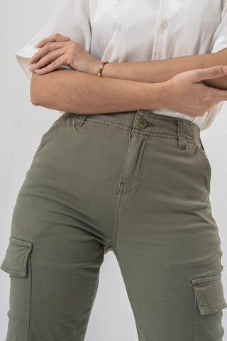 High Waist Cargo Pants in Olive Green with Side Flap Pockets - Straight Fit Style - Ecowears.pk
