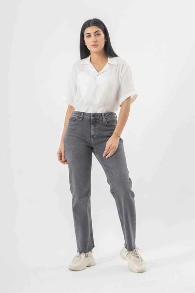 High Waist Straight Fit Washed Grey Denim Pants for a Trendy Minimal Look