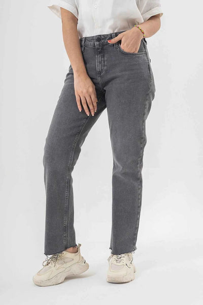 High Waist Straight Fit Washed Grey Denim Pants for a Trendy Minimal Look