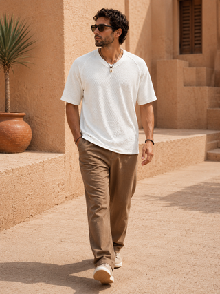 White Textured V-Neck T-Shirt