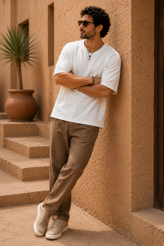 White Textured V-Neck T-Shirt