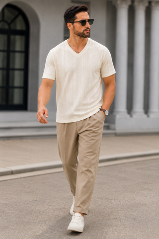 Cream Textured V-Neck T-Shirt