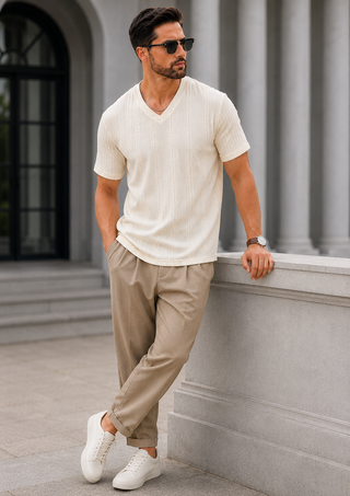 Cream Textured V-Neck T-Shirt