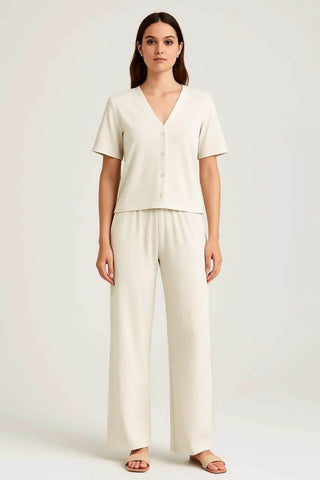 Ivory Comfort Co-Ord Set – Short Sleeve & Wide-Leg Pants - Ecowears.pk