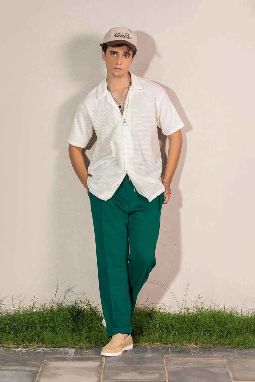 Ivory Textured Shirt & Emerald Green Trousers Set