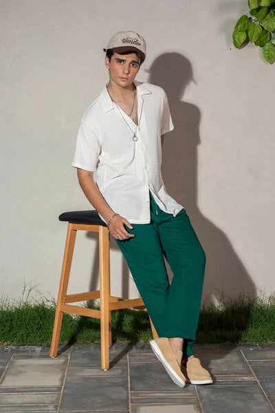 Ivory Textured Shirt & Emerald Green Trousers Set