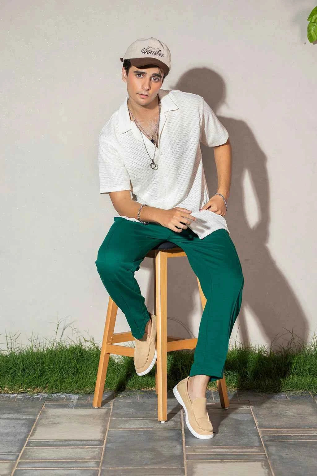 Ivory Textured Shirt & Emerald Green Trousers Set