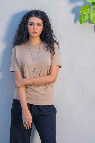Khaki Beige Crew Neck T-Shirt – Women's Everyday Neutral Tee