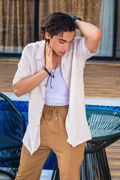 Lightweight Waffle Textured Shirt for Men – Creamy Beige Tone