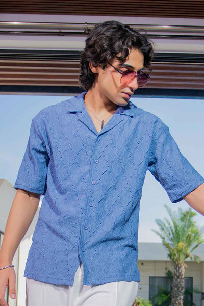Luxury Blue Embroidered Shirt with Elegant White Trousers