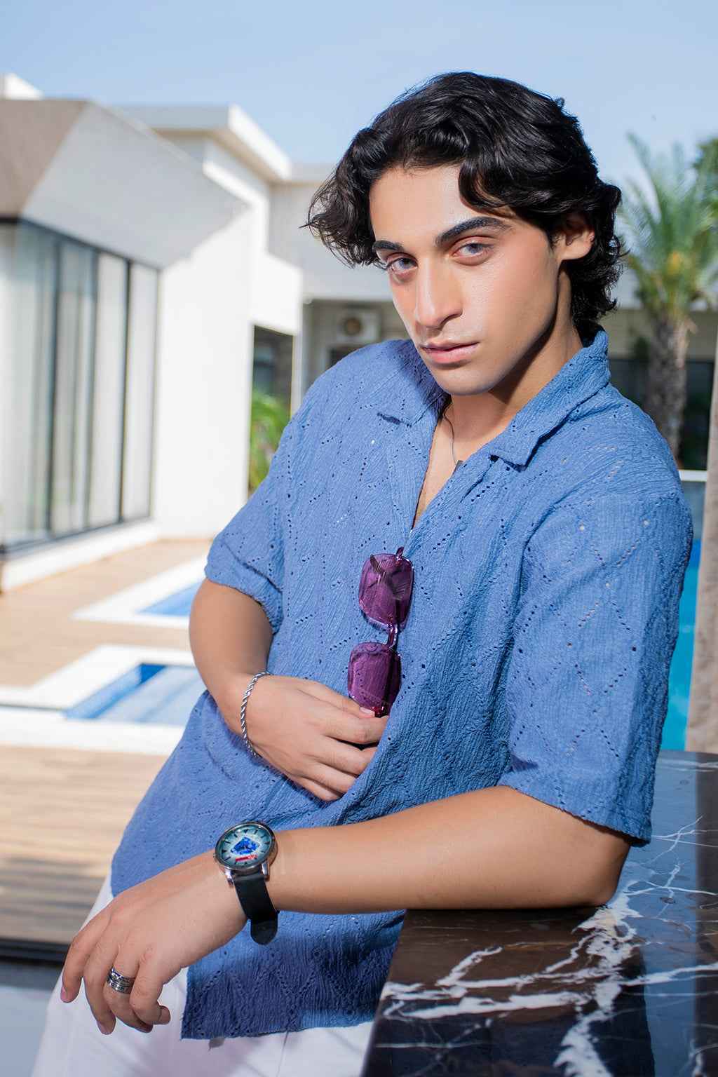 Luxury Blue Embroidered Shirt with Elegant White Trousers