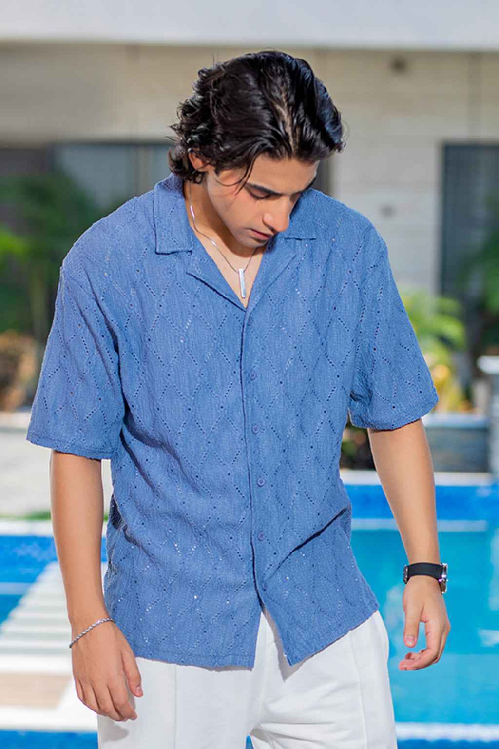 Luxury Blue Embroidered Shirt with Elegant White Trousers