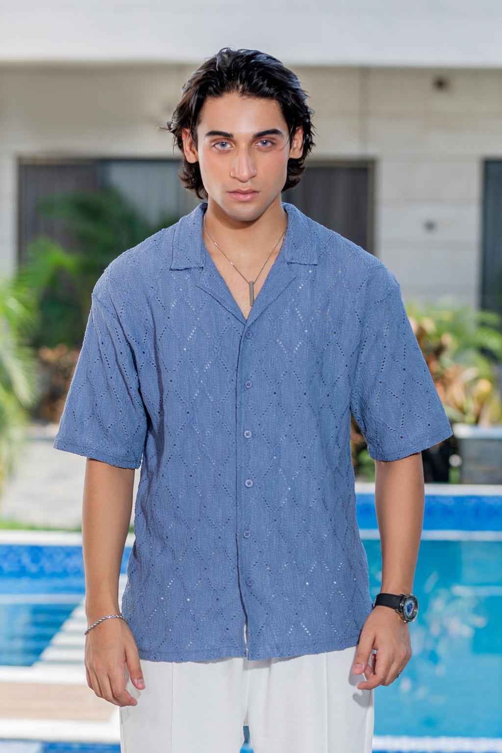 Luxury Blue Embroidered Shirt with Elegant White Trousers