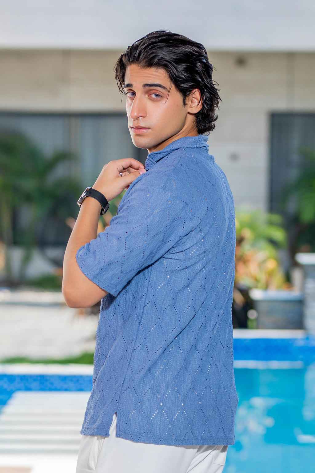 Luxury Blue Embroidered Shirt with Elegant White Trousers