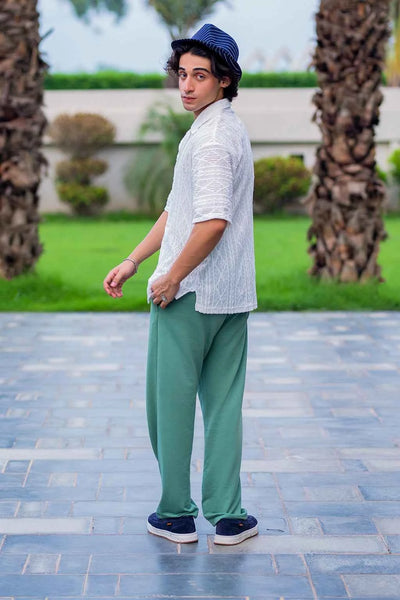 Luxury White Embroidered Shirt with Elegant Green Trousers