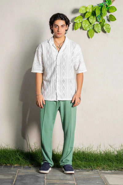 Luxury White Embroidered Shirt with Elegant Green Trousers