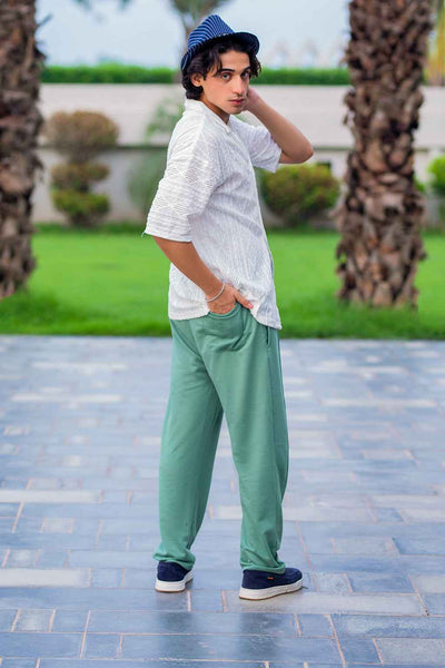 Luxury White Embroidered Shirt with Elegant Green Trousers
