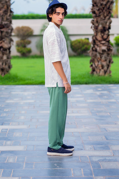 Luxury White Embroidered Shirt with Elegant Green Trousers