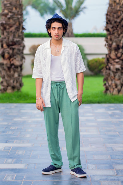 Luxury White Embroidered Shirt with Elegant Green Trousers