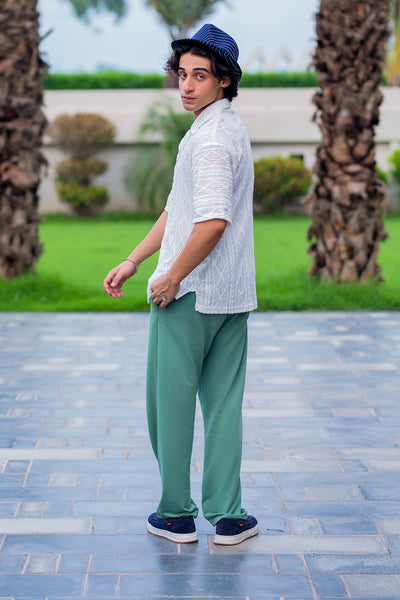 Luxury White Embroidered Shirt with Elegant Green Trousers