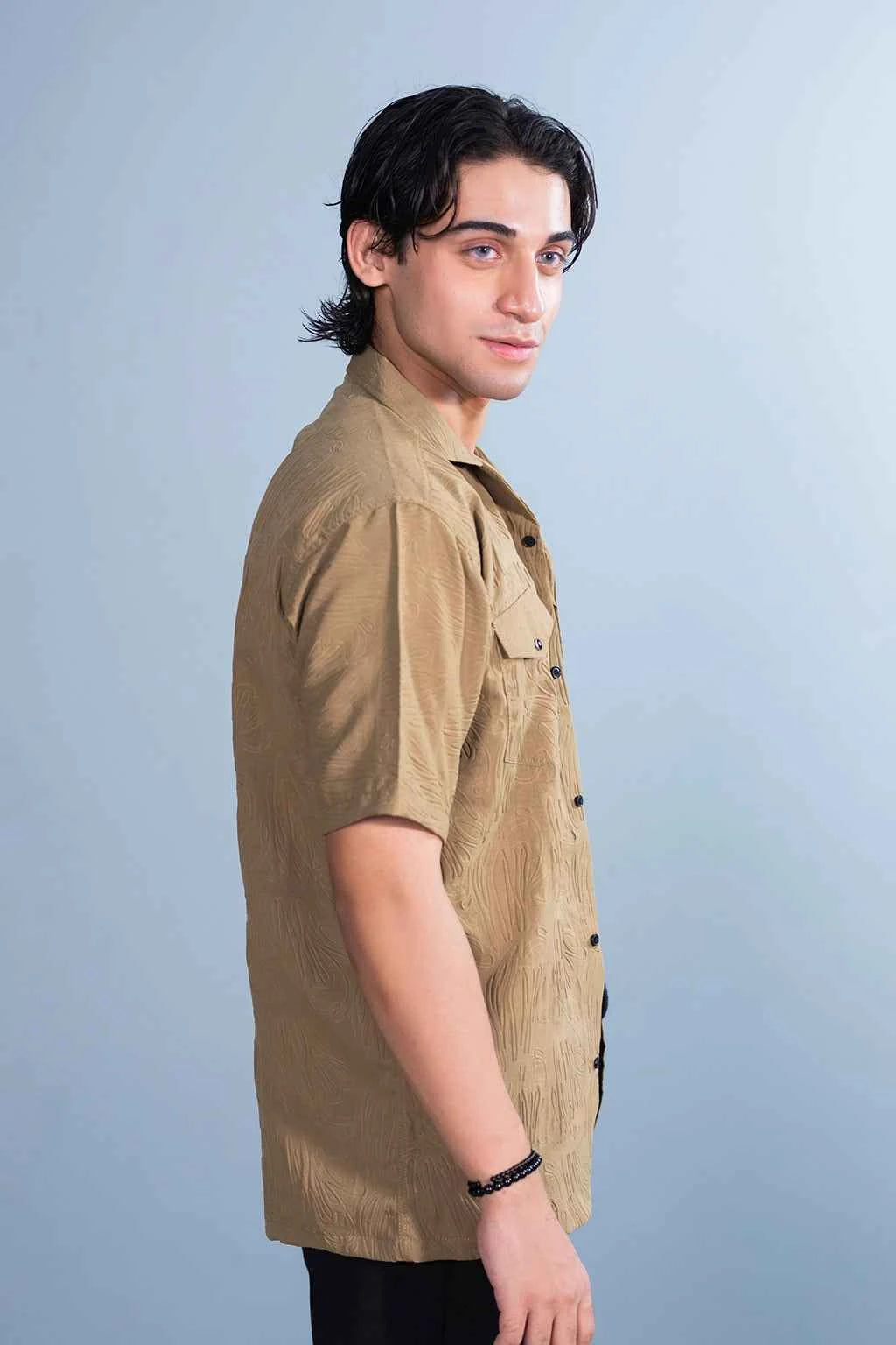 Men’s Khaki Textured Casual Shirt – Lightweight & Breezy