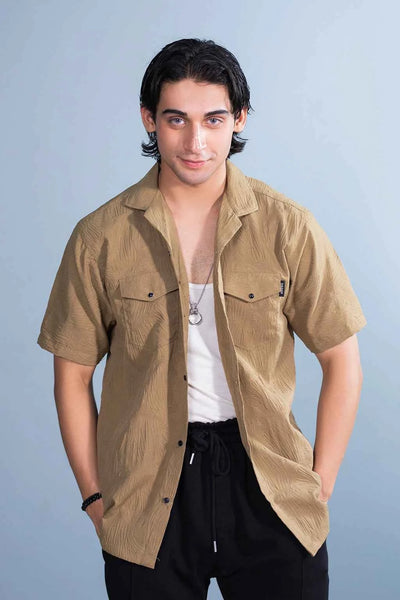 Men’s Khaki Textured Casual Shirt – Lightweight & Breezy