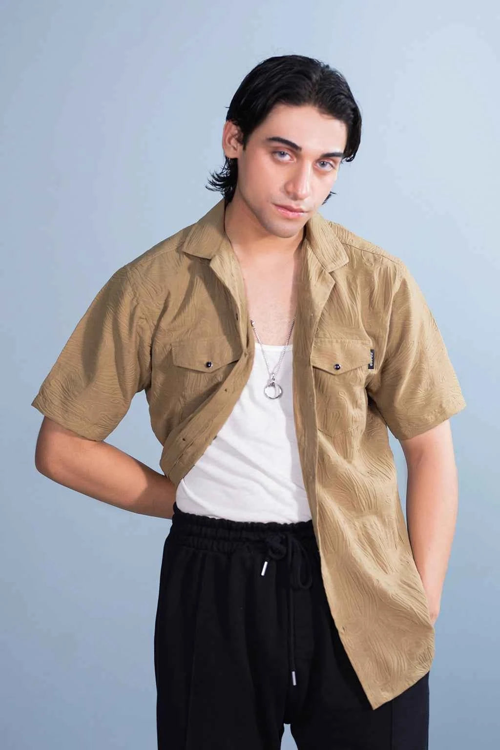 Men’s Khaki Textured Casual Shirt – Lightweight & Breezy