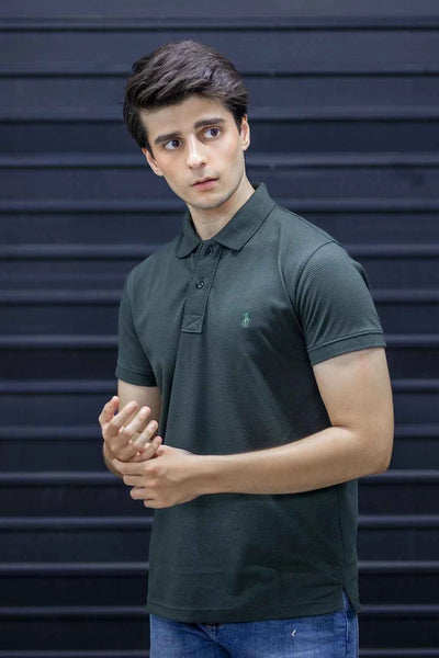 Men’s Short Sleeve Polo – Deep Green Textured Smart Casual Tee